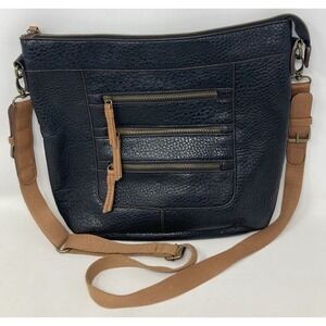 Sonoma Black Crossbody Bag Three Zippers‎ Brown Straps Purse